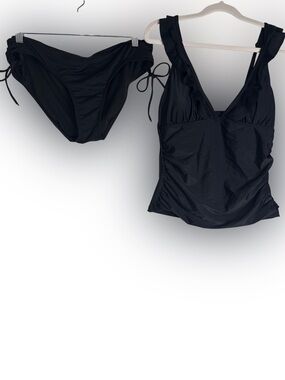 Black Two-Piece Swim Set - V-Neck Tankini & Tie-Side Bikini Bottoms, size L